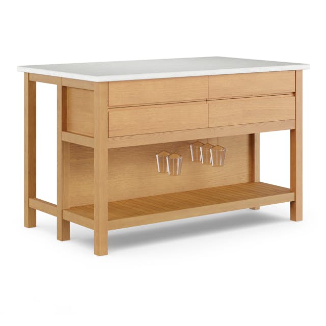 Quincy Oak Wood & Quartz Kitchen Island w/ Counter Stool Seating, Soft ...