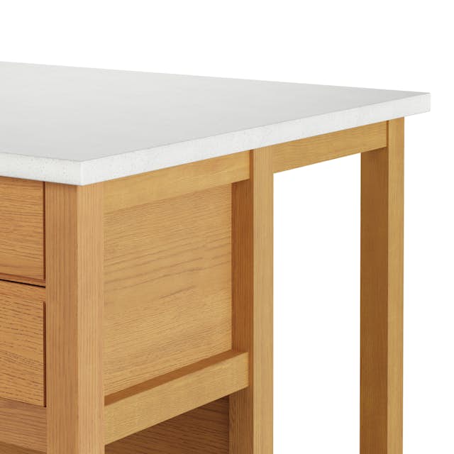 Quincy Oak Wood & Quartz Kitchen Island w/ Counter Stool Seating, Soft ...