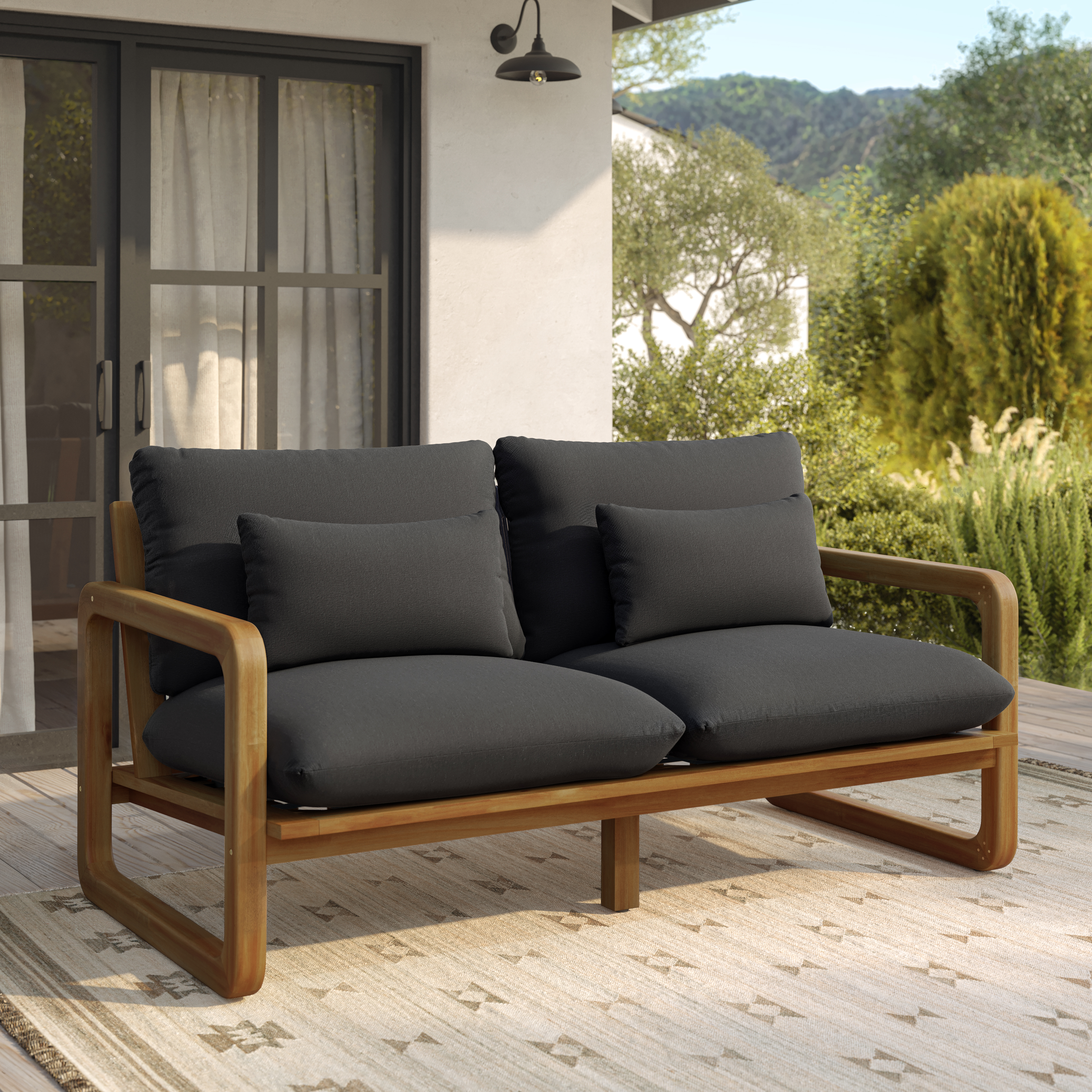 Laholm Dravite Black Fabric & Acacia Wood Outdoor Loveseat | Article