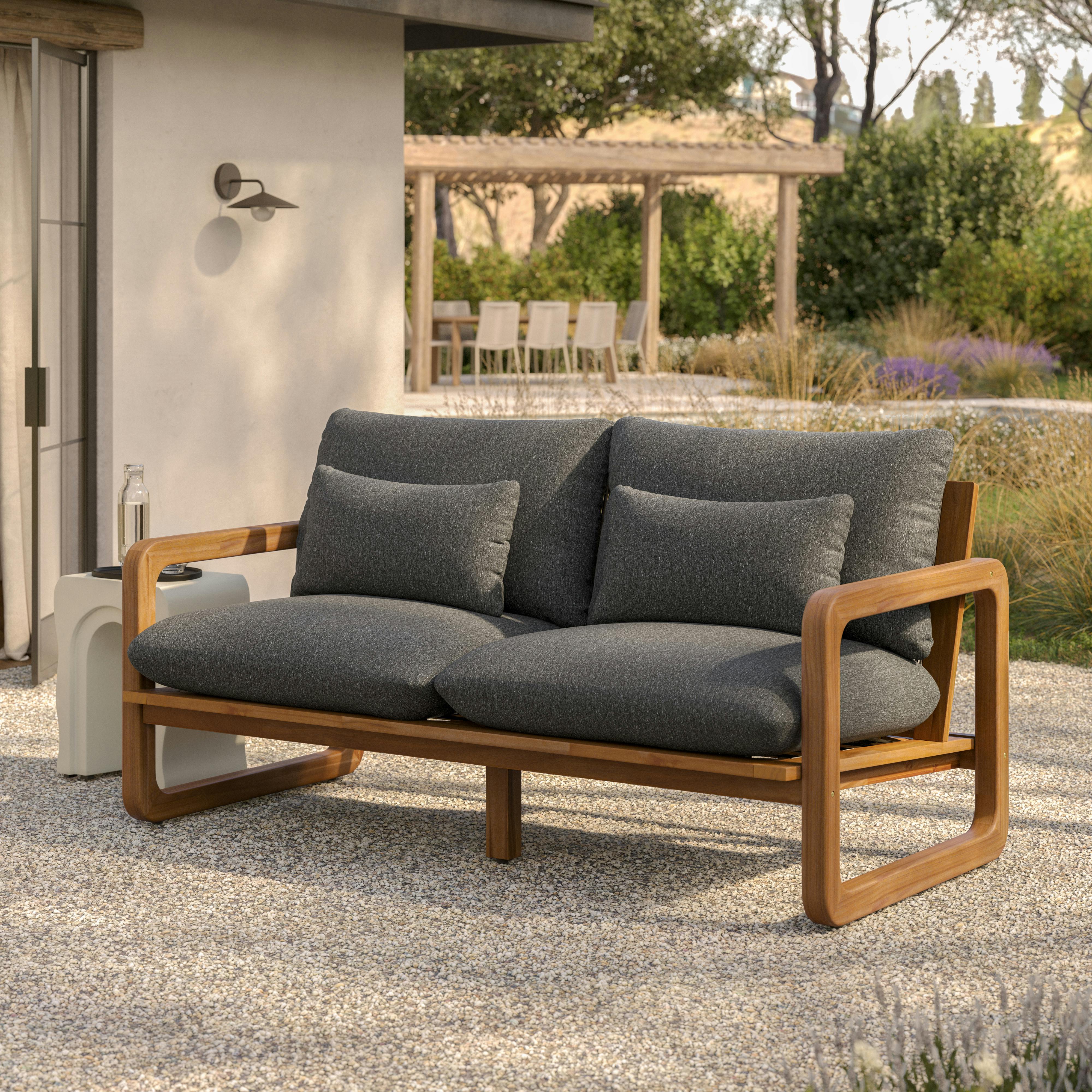 Laholm Dravite Black Fabric & Acacia Wood Outdoor Loveseat and