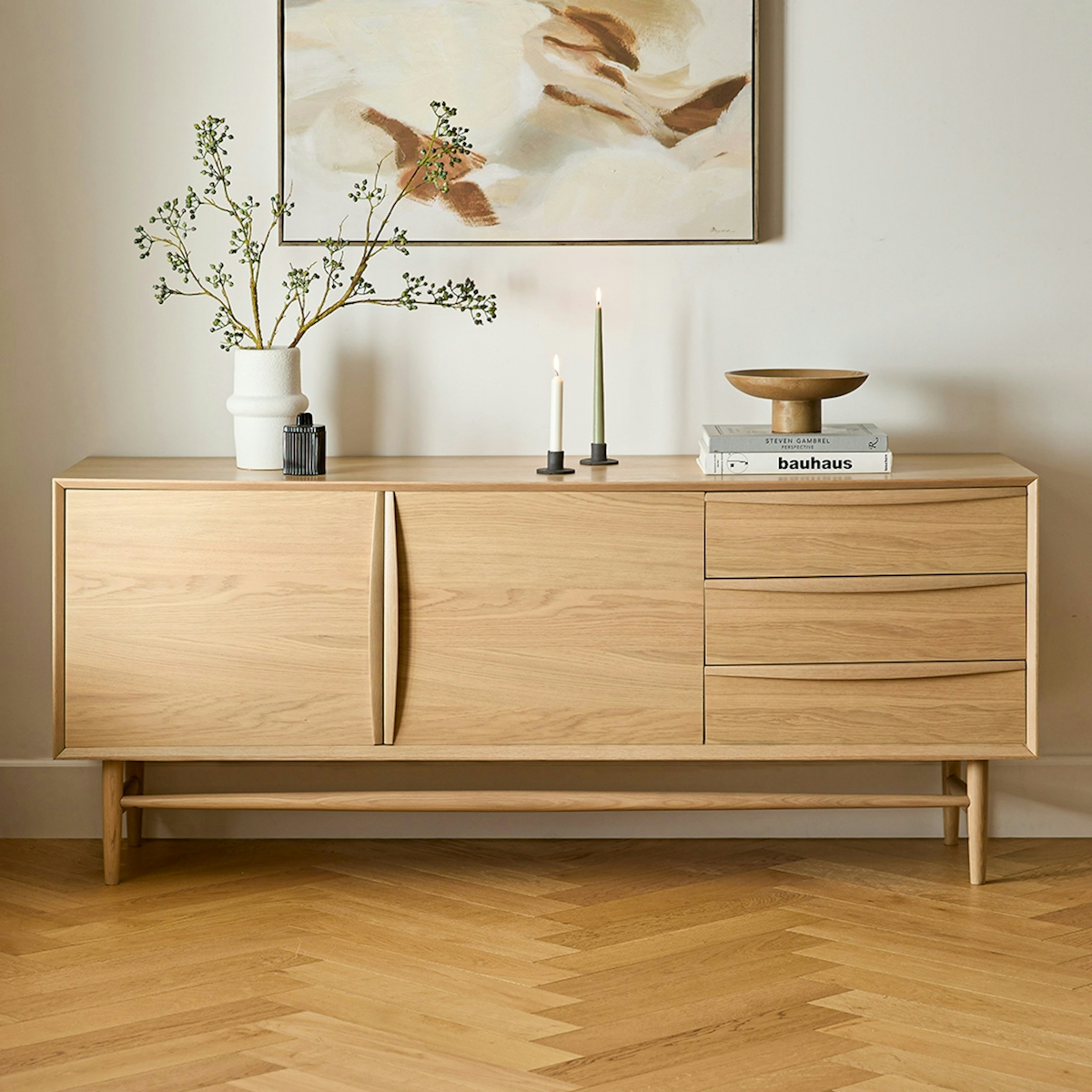 Lenia White Oak Wood Sideboard w/ Drawers & Cabinet | Article