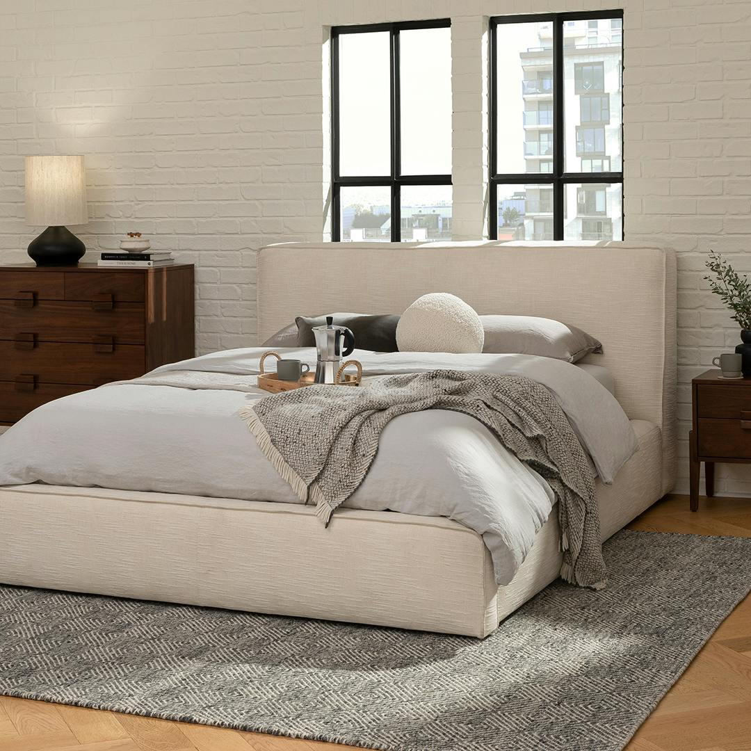 Cigar Ankara Ivory White Fabric Queen Size Storage Bed, Japandi