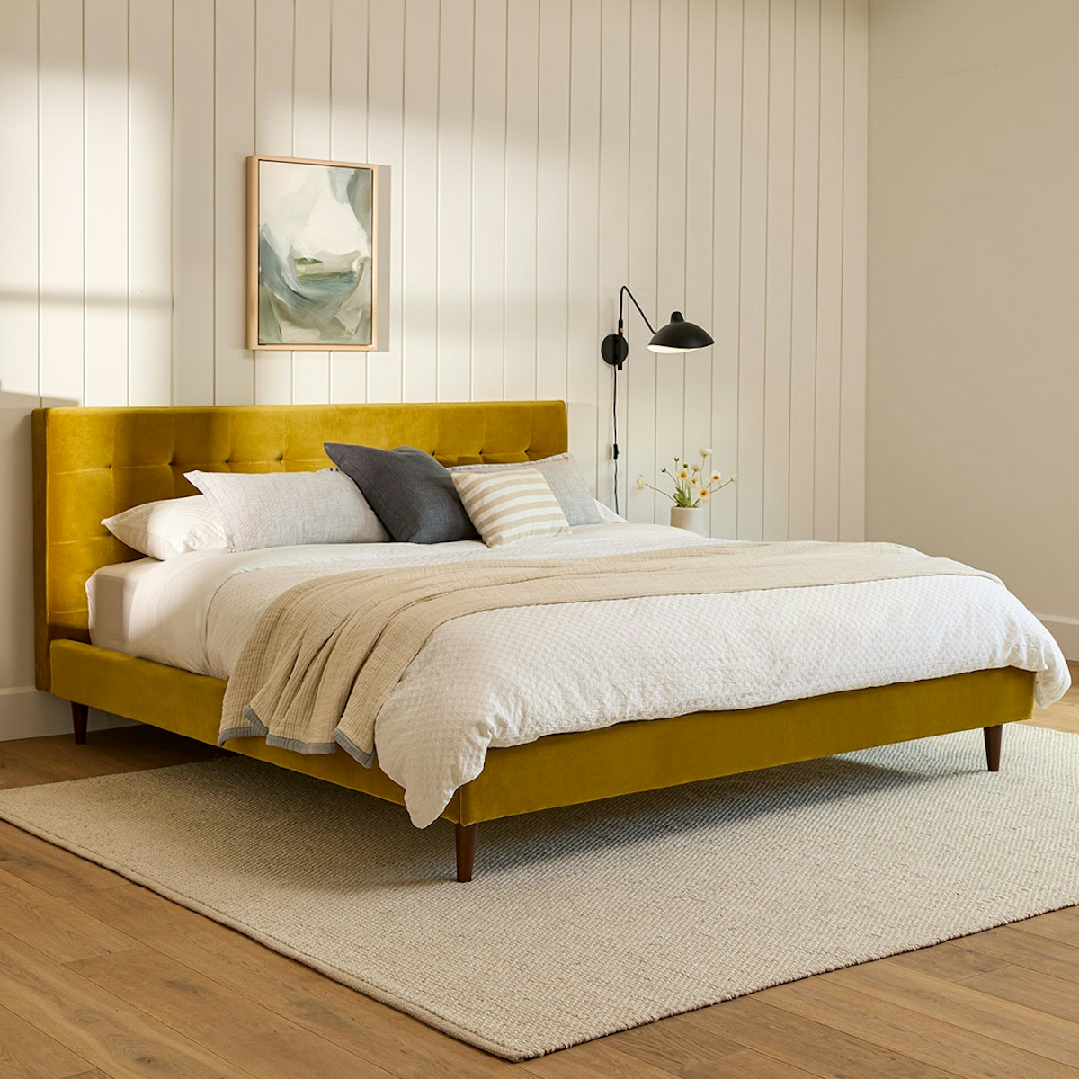 Sven Walnut & Yarrow Gold Velvet King sized Bed + Headboard | Article