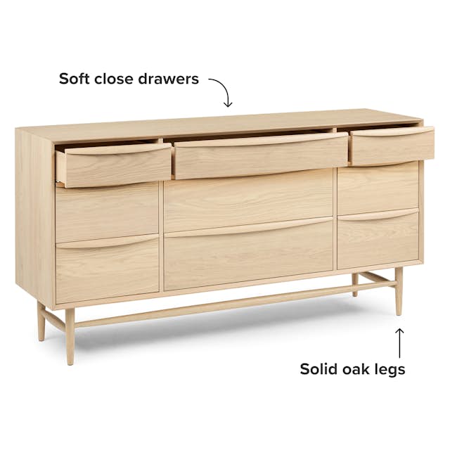 Lenia Solid & Veneered White Oak Wood 9 Drawer Dresser | Article