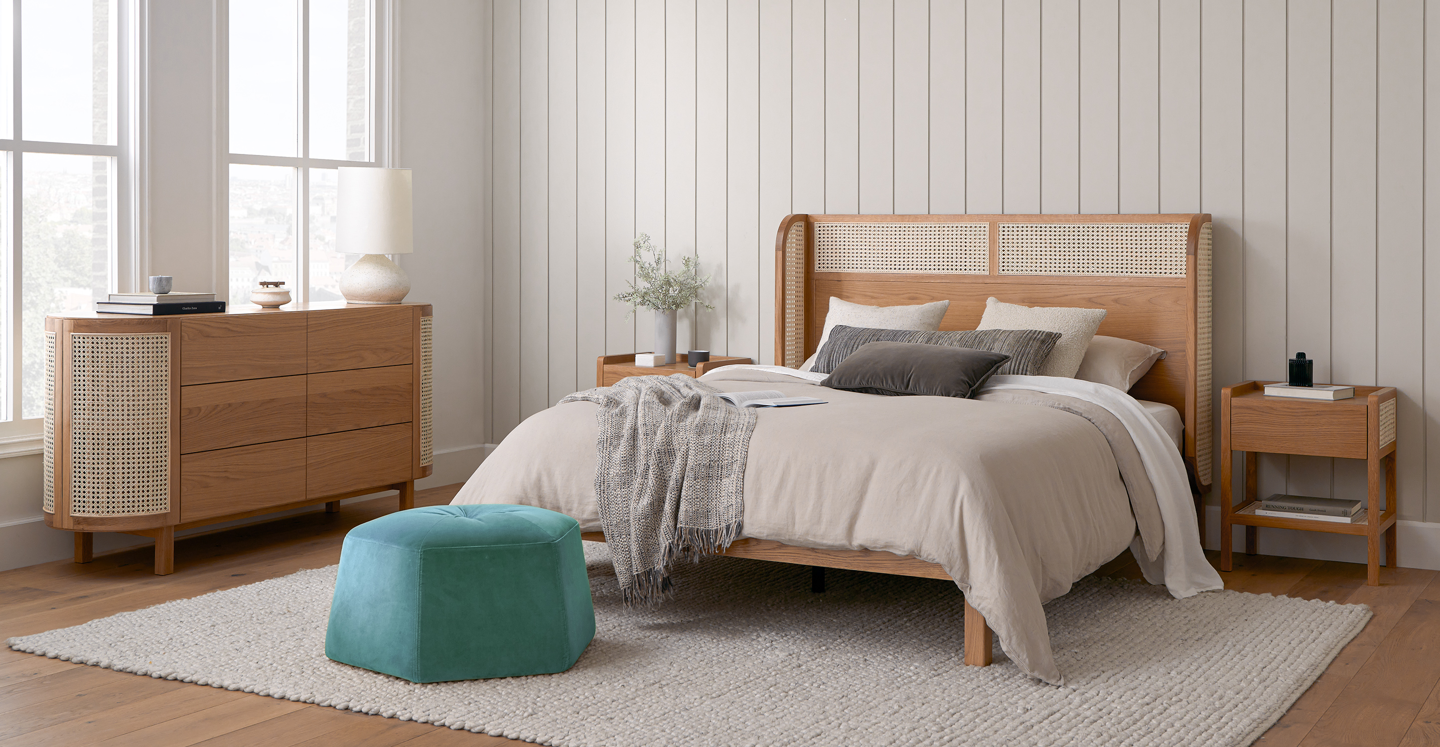 White Fabric Chaise Lounge, Oak Wood, Fisheye Cane Pattern, Coastal Design | Article Candra Modern Furniture
