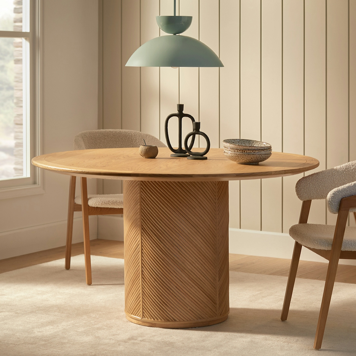 Haiv Oak Wood & Chevron Pattern Rattan Round Dining Table | Article