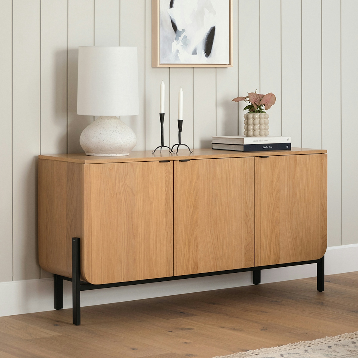 Segata Light Oak Wood & Black Metal Sideboard w/ Storage Doors Article