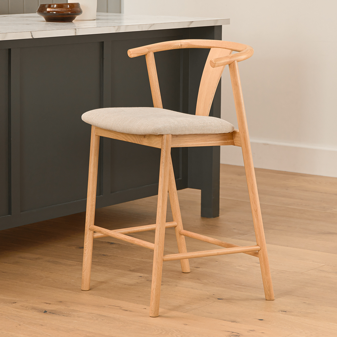 Fonra Santolina Gray Fabric Oak Wood Wishbone Counter Stool Article