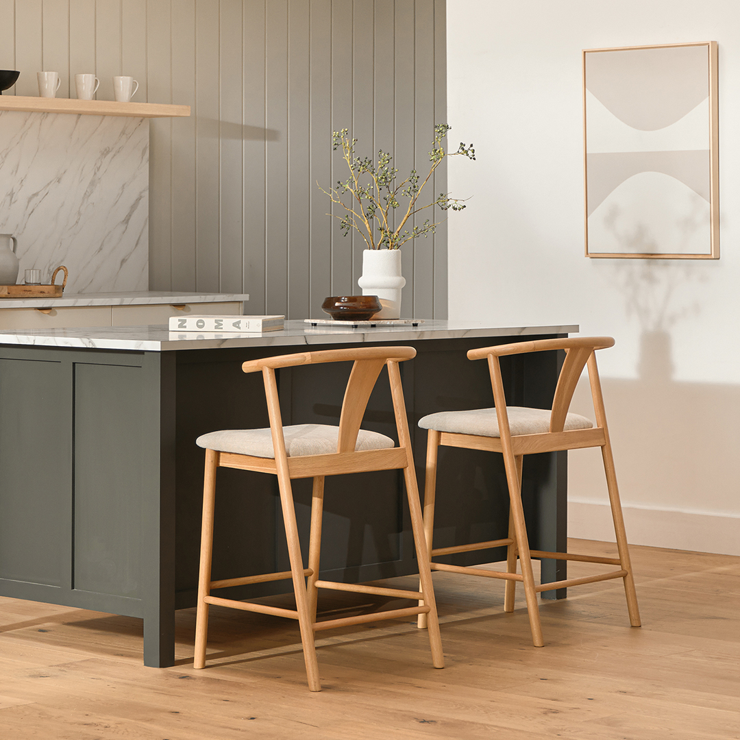 Light Gray Fabric Oak Counter Stool Solid Wood Frame Mid Century Design Article Fonra Modern Furniture