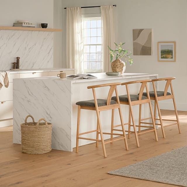 Fonra algonquin green fabric oak wood wishbone counter stool article