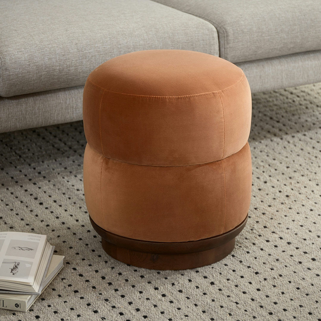 Pica Plush Pacific Rust Velvet & Solid Ash Wood Ottoman | Article