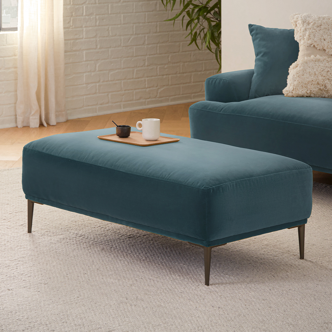Abisko Plush Pacific Blue Velvet & Metal Legs Ottoman | Article