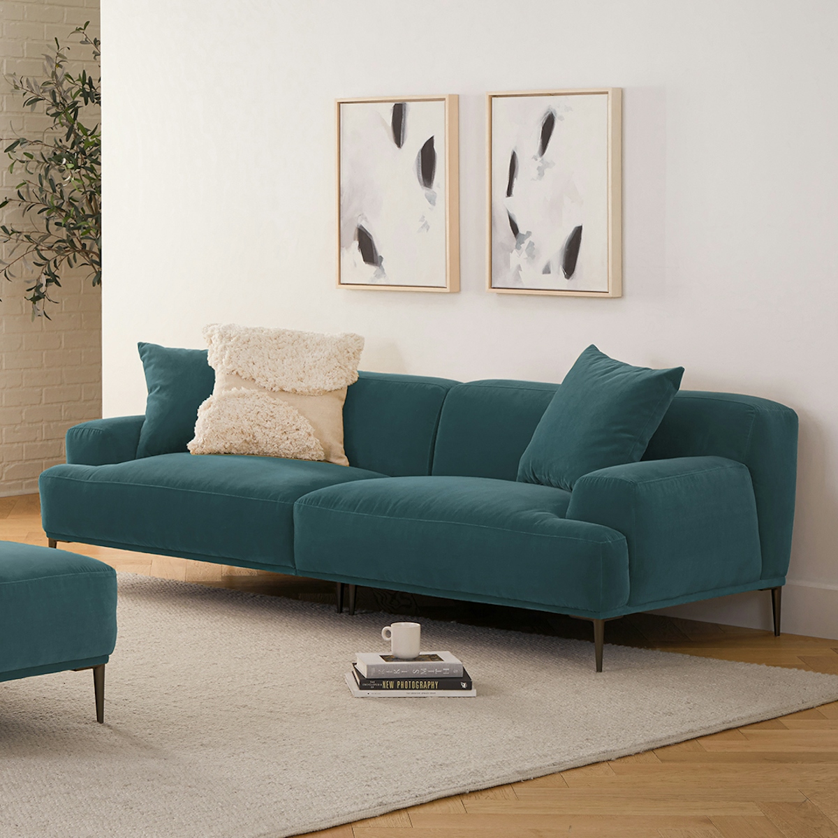 Abisko Plush Pacific Blue Velvet Metal Legs Sofa Article