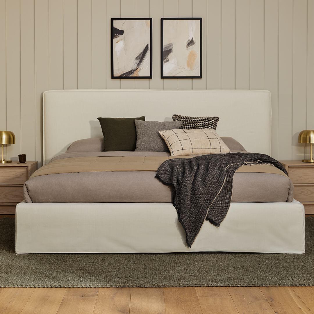 Saba Boulevard White Fabric King-Sized Bed w/ Slipcover Headboard | Article