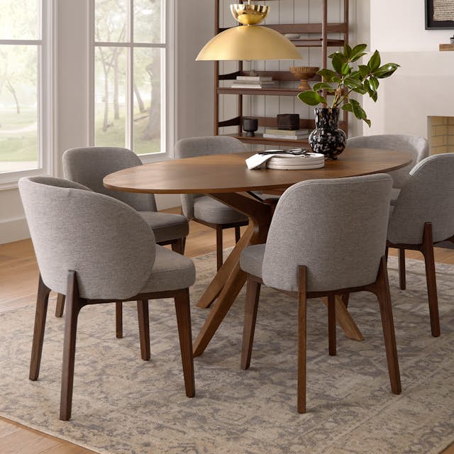 Alta Walnut Wood & Camellia Gray Fabric Curved Dining Chair | Article