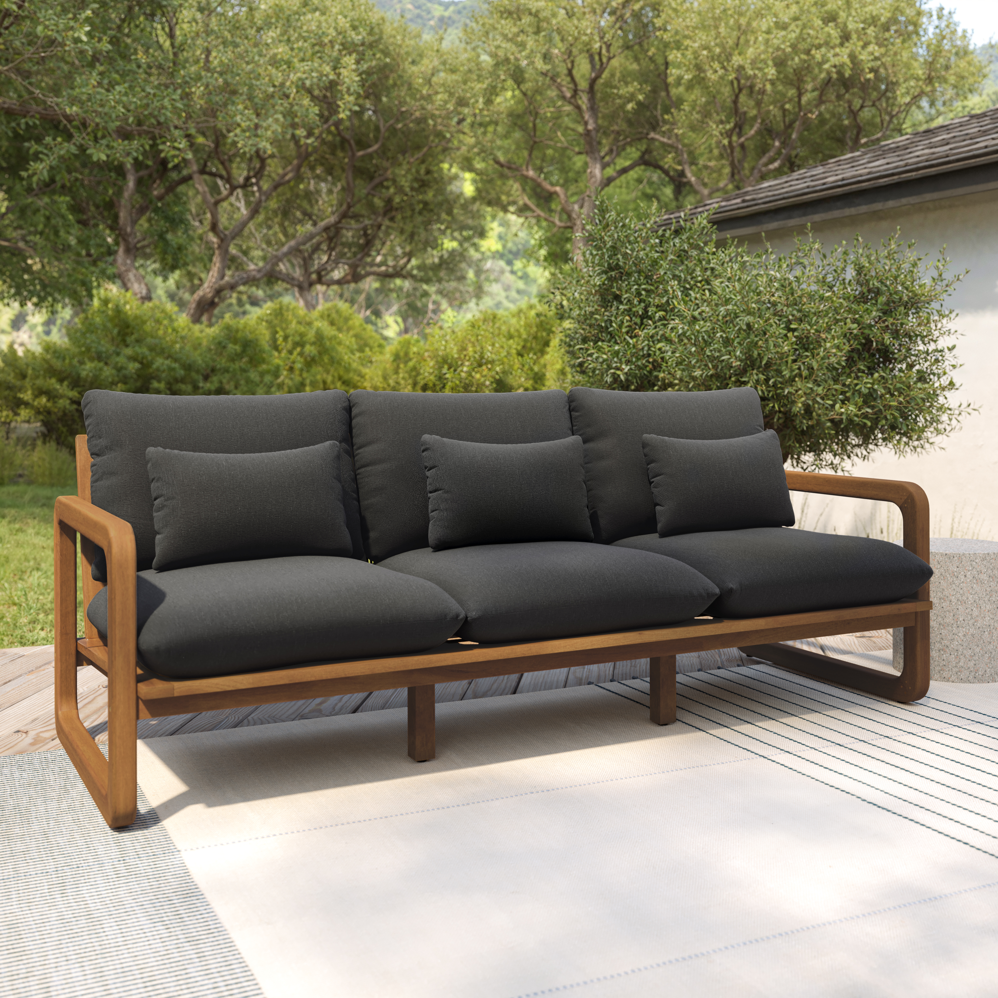 Laholm Dravite Black Fabric & Acacia Wood Outdoor Sofa | Article