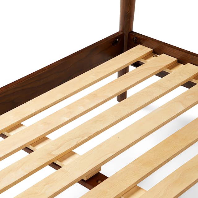 Lenia Walnut Wood MidCentury Inspired QueenSized Canopy Bed Article