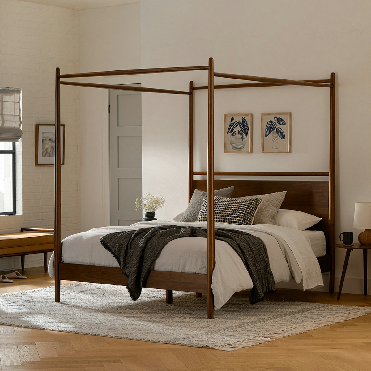 Lenia Walnut Wood MidCentury Inspired QueenSized Canopy Bed Article