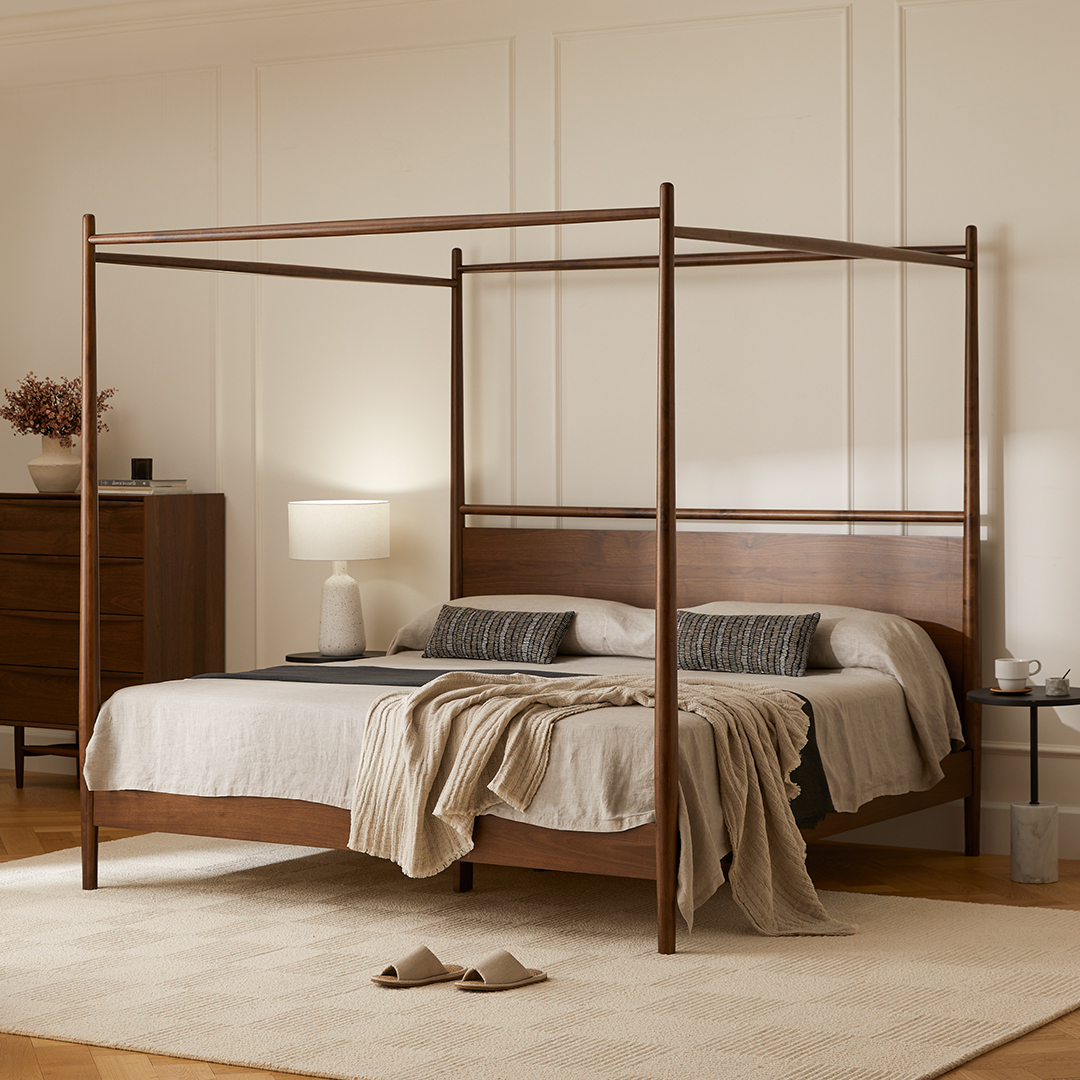 Lenia Walnut Wood Mid Century Inspired King Sized Canopy Bed Article