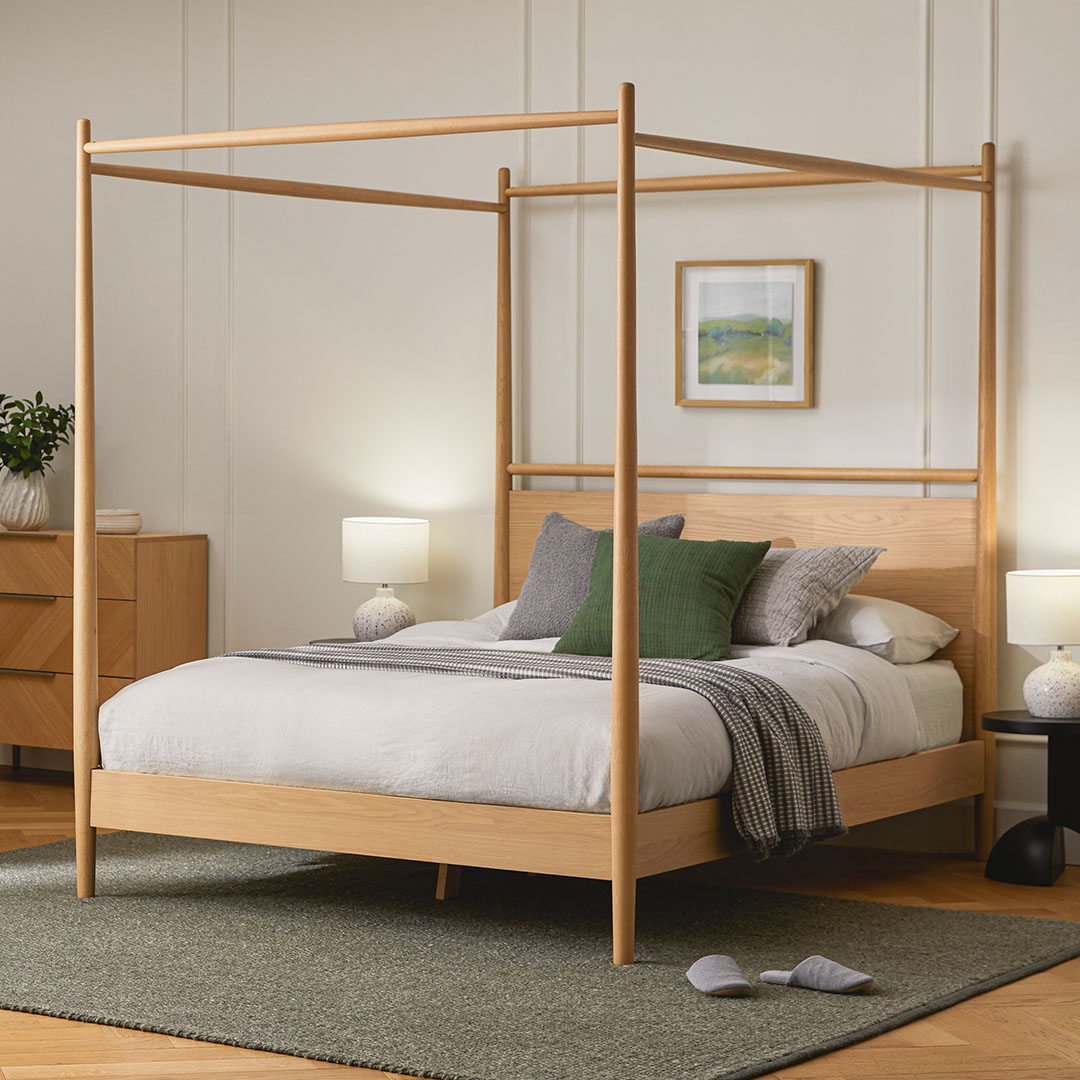 White Oak Queen Canopy Bed Solid Wood Mid Century Modern Design Article Lenia Modern Furniture