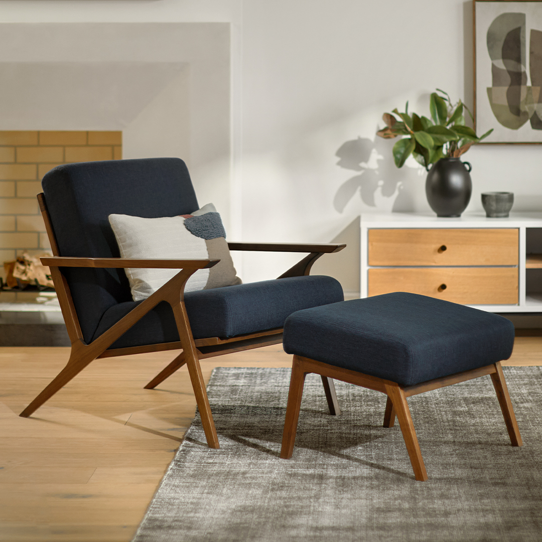 Walnut & Oceano Blue Leather Lounge Chair w/ Ottoman Otio Article