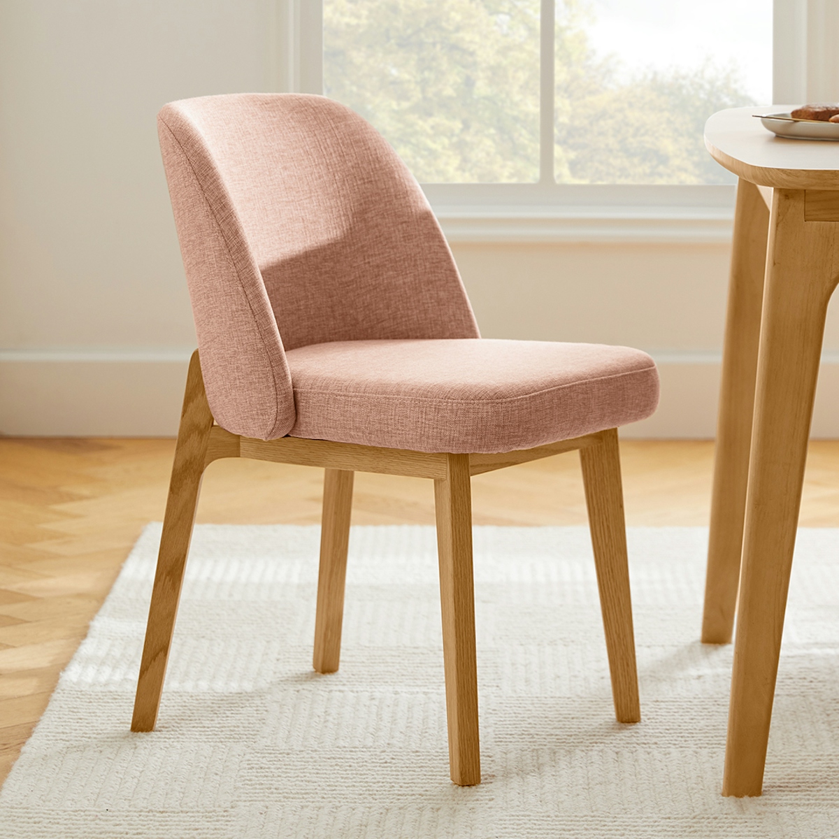 Alta Light Oak Wood & Nostalgic Pink Fabric Curved Dining Chair | Article