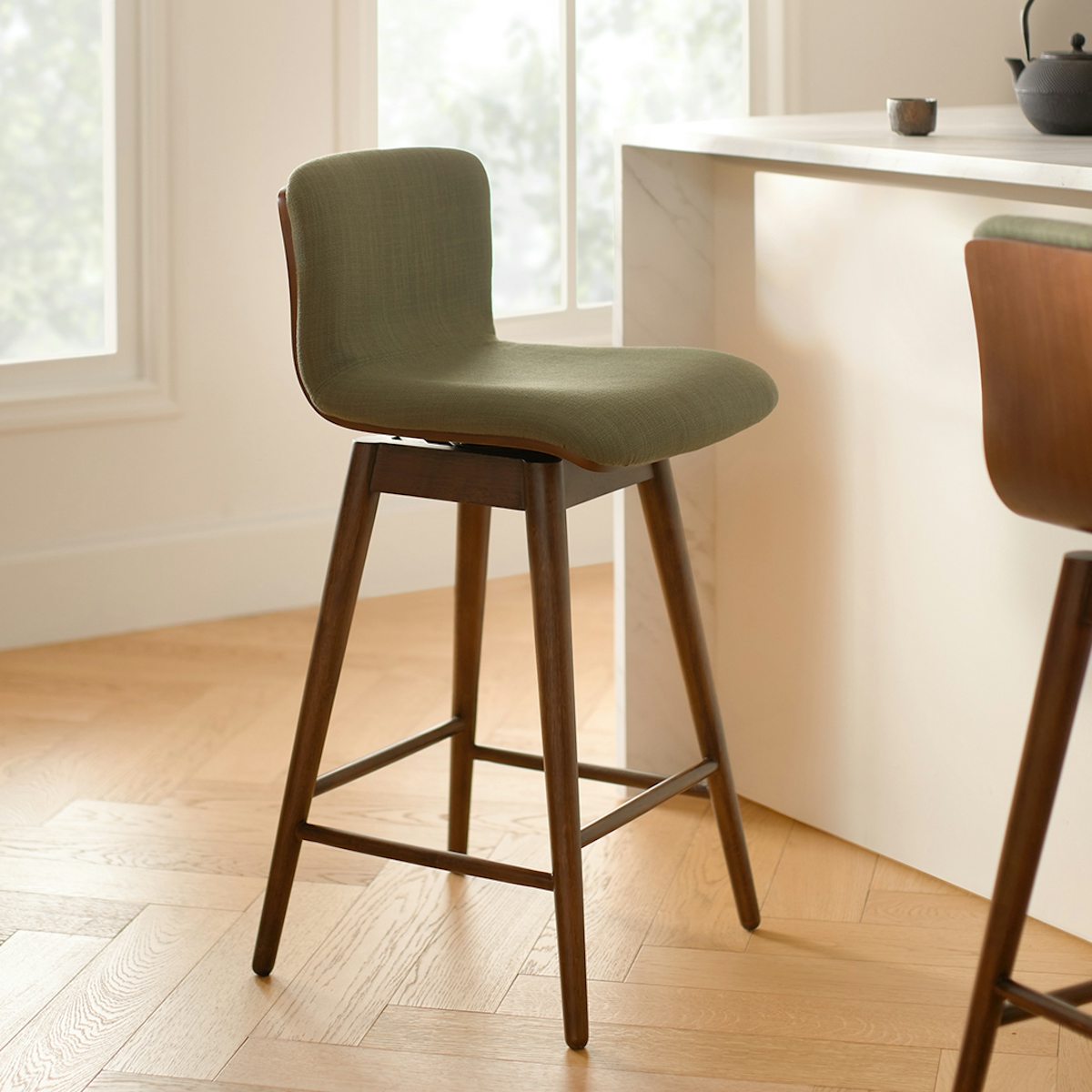Walnut Olio Green Fabric Swivel Counter Stool Sede Article