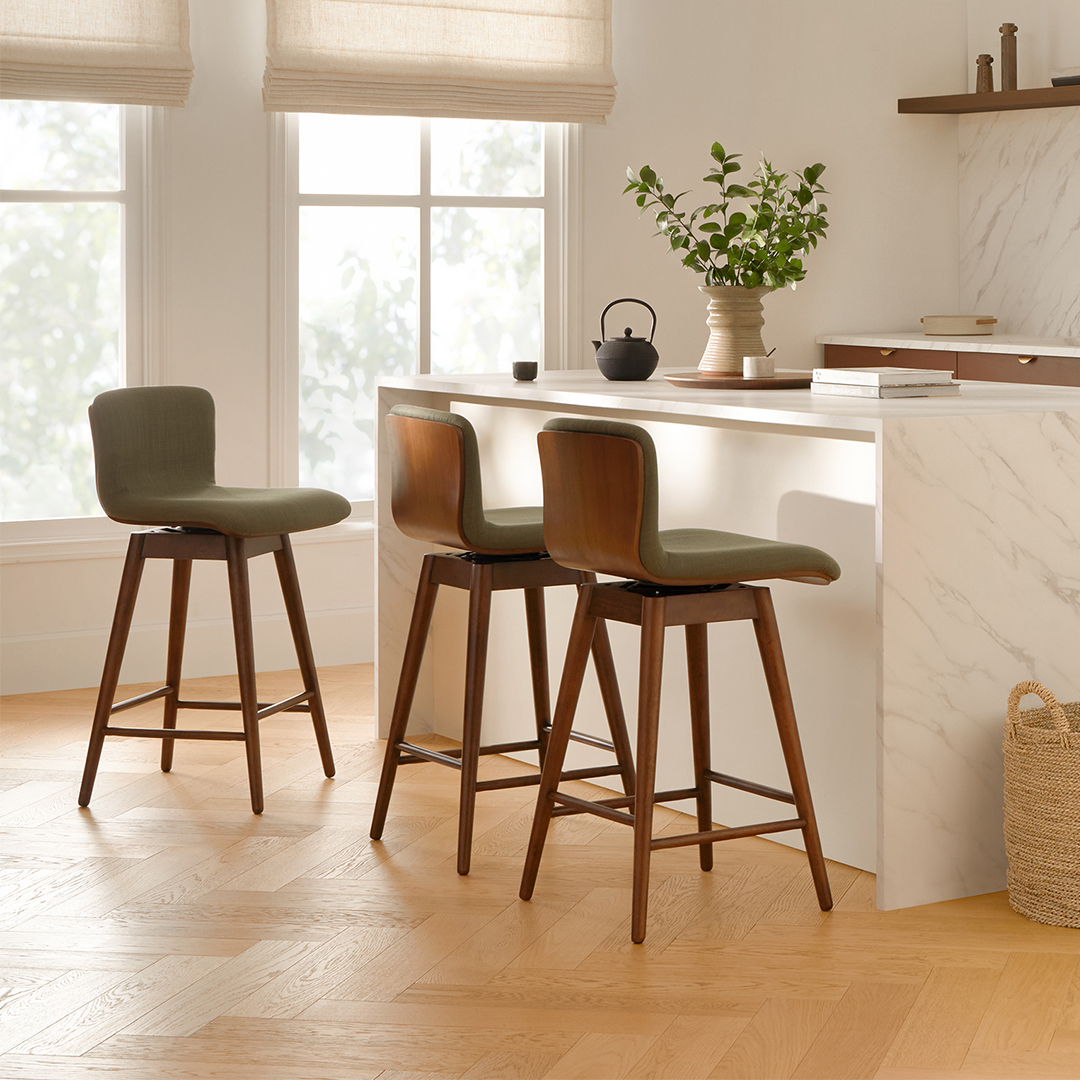 Walnut & Olio Green Fabric Swivel Counter Stool | Sede | Article