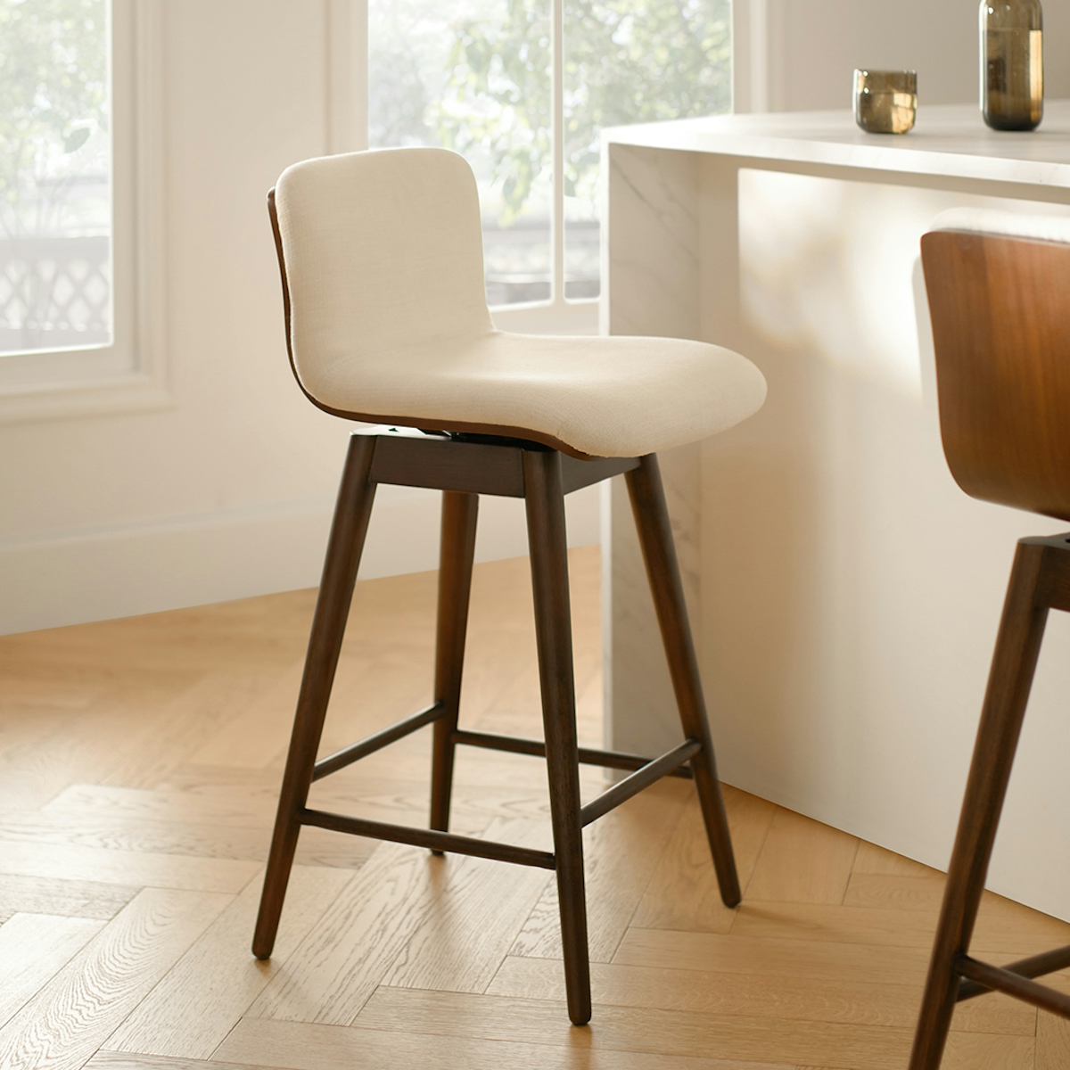 Walnut & Vintage White Fabric Swivel Counter Stool | Sede | Article