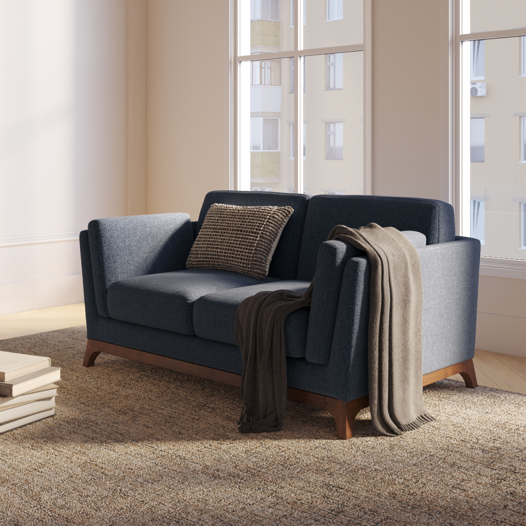 Ceni Walnut And Denim Blue Fabric Loveseat Article