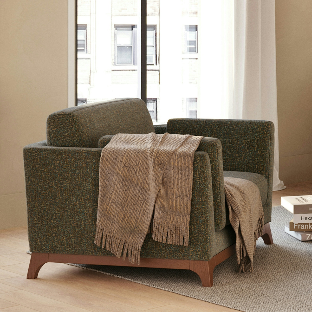 Ceni Walnut Hemlock Green Fabric Armchair Article