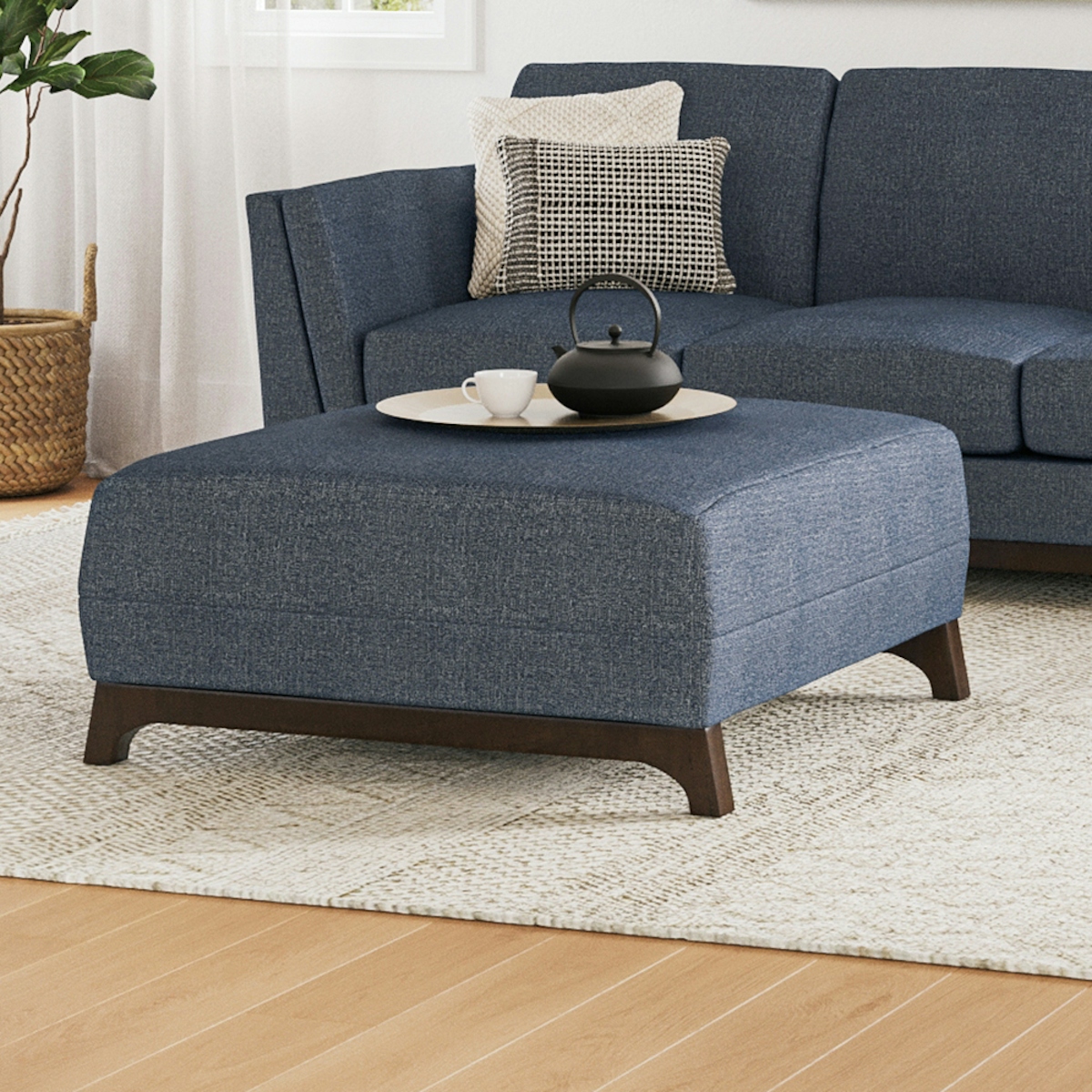 Ceni Walnut & Denim Blue Fabric Ottoman | Article