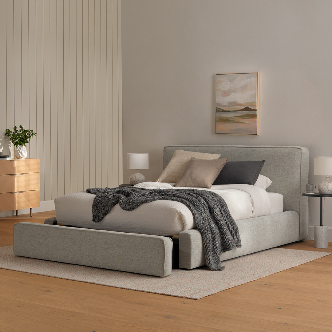 Cigar Birch Ivory White Fabric Queen Size Storage Bed, Japandi Style ...