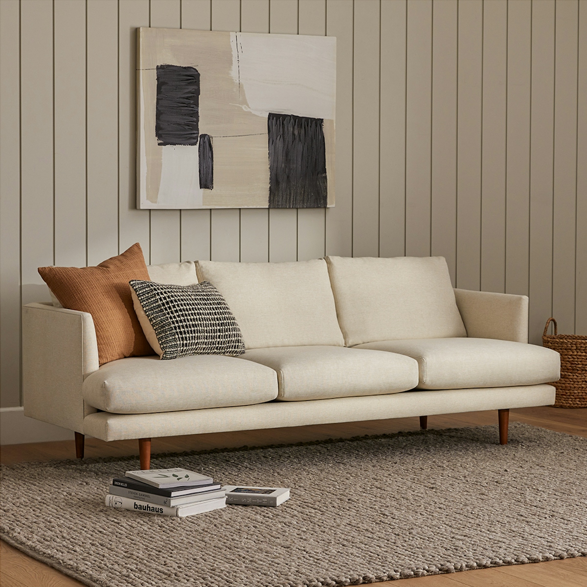 Burrard Walnut & Seasalt Ivory Fabric 3 Seater Sofa Article