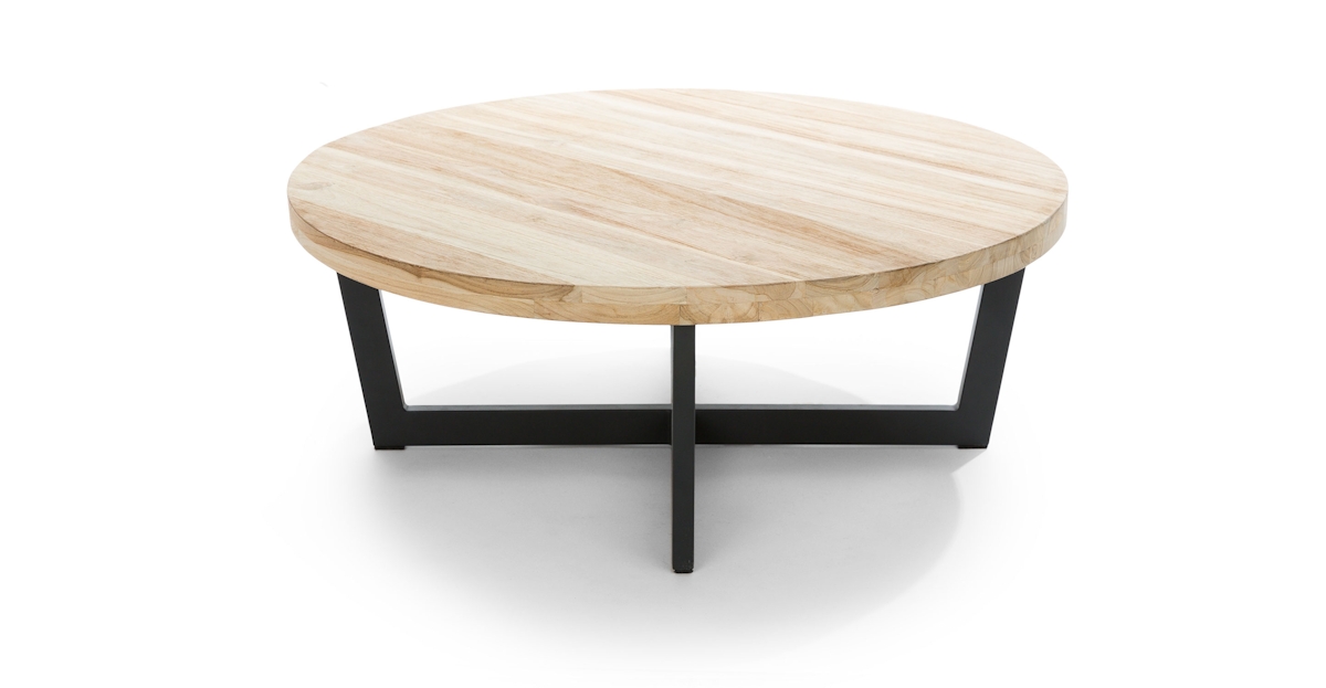 Round Black Aluminum & Natural Teak Wood Outdoor Coffee Table | Toba