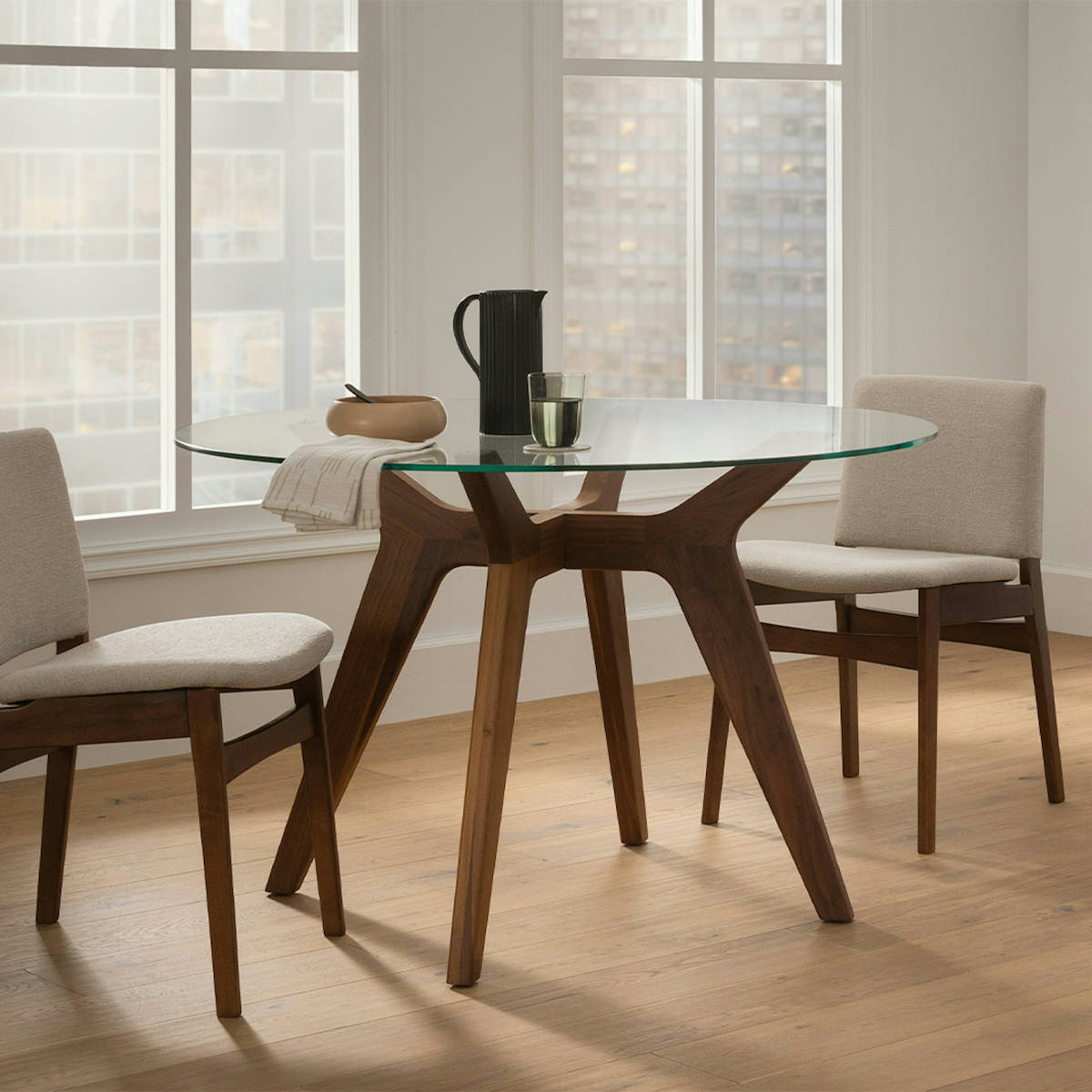 Emmer Solid Walnut Wood & Glass Round Dining Table | Article