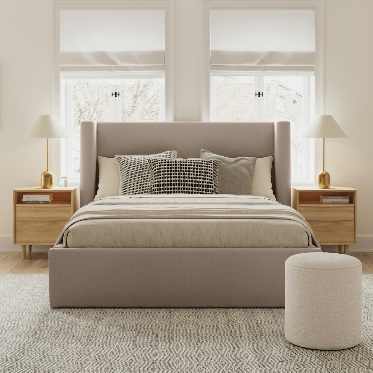 Calabri Light Brown Queen Bed, Fabric Headboard Article