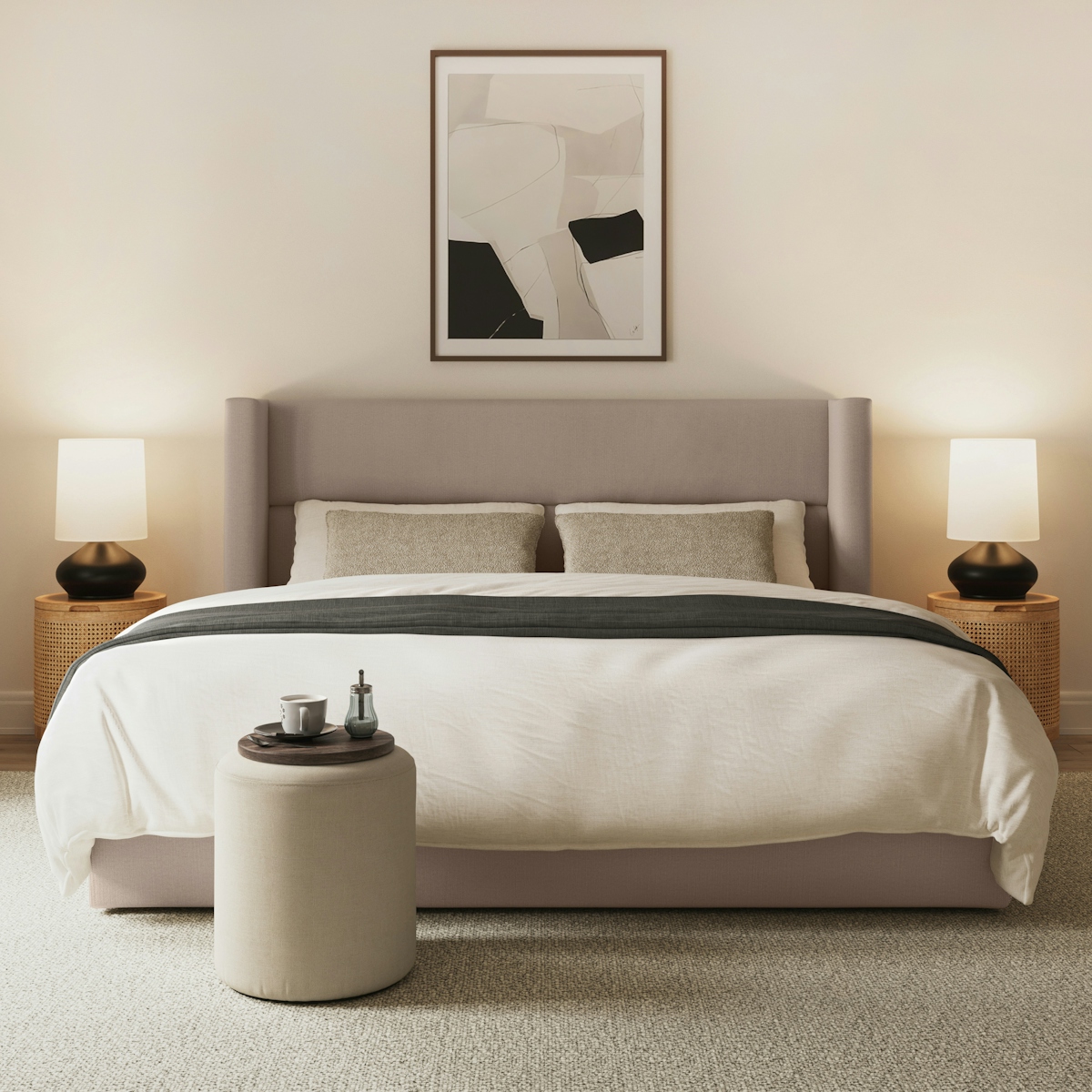 Calabri Light Brown King Bed, Linenblend Fabric Headboard Article