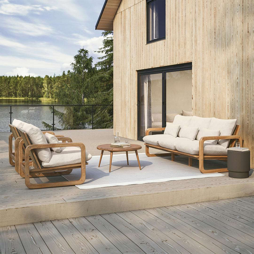 Laholm Dravite Ivory Fabric & Acacia Wood Outdoor Sofa | Article