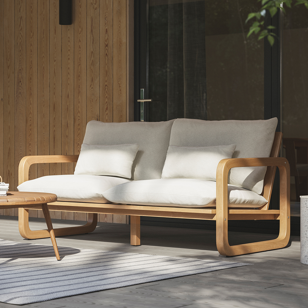 Laholm Dravite Ivory Fabric & Acacia Wood Outdoor Loveseat | Article