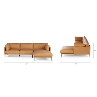 Detailed dimensions of Olsen 110" Leather Right Sectional - Charme Tan.