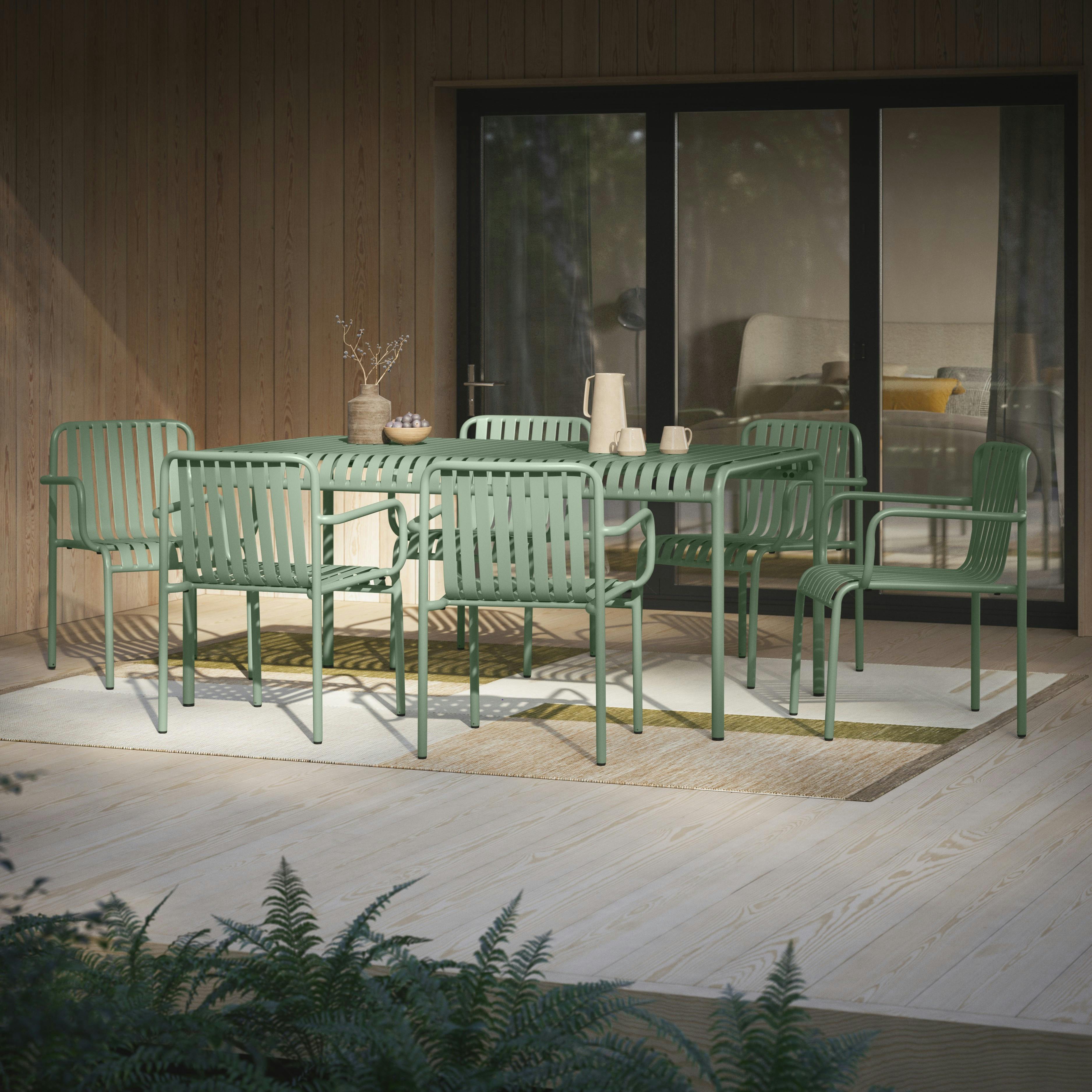 Sarek Khaki Green Outdoor Stackable Metal Dining Chair w/ Arms