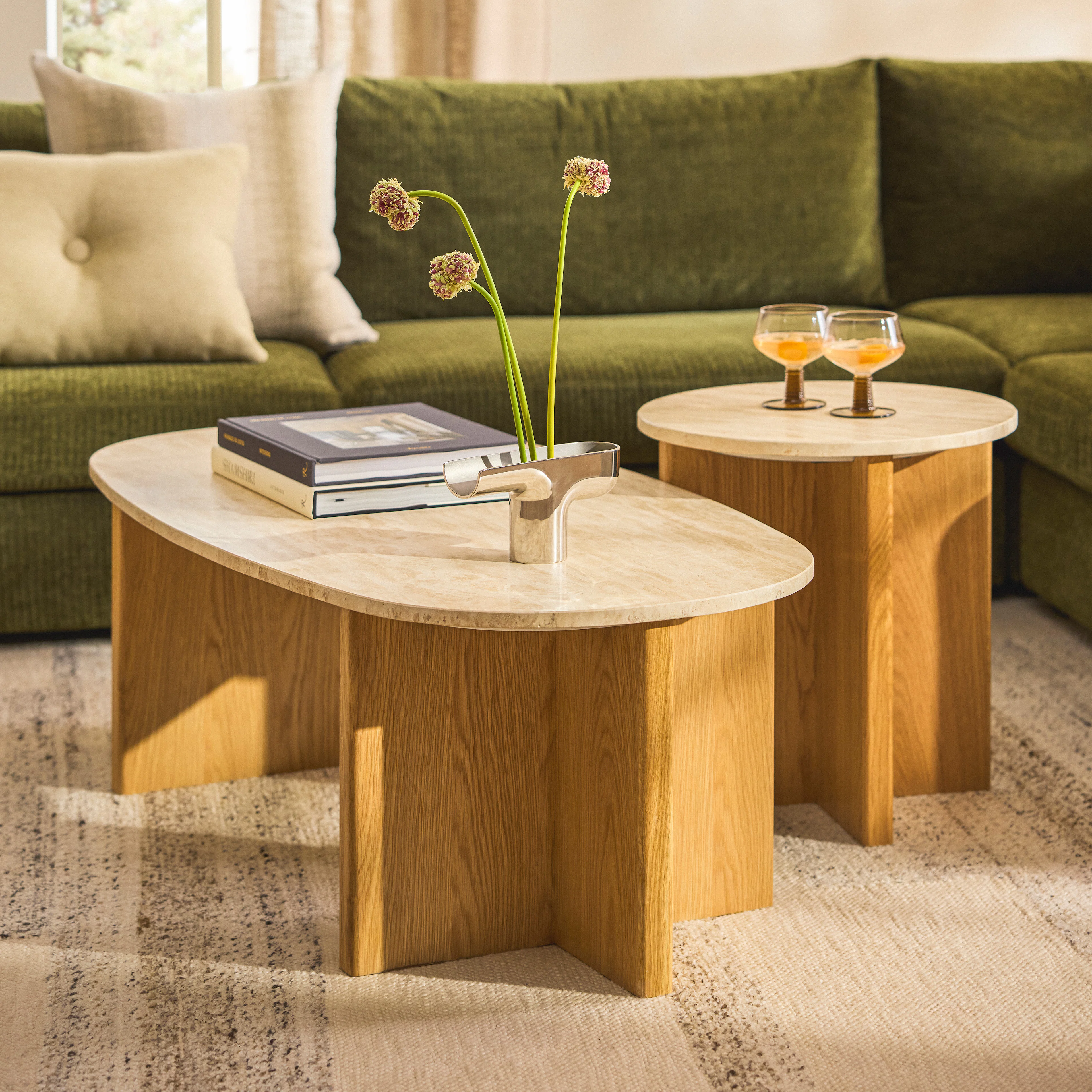 Sporo 47.25" Travertine Coffee Table - Natural Oak