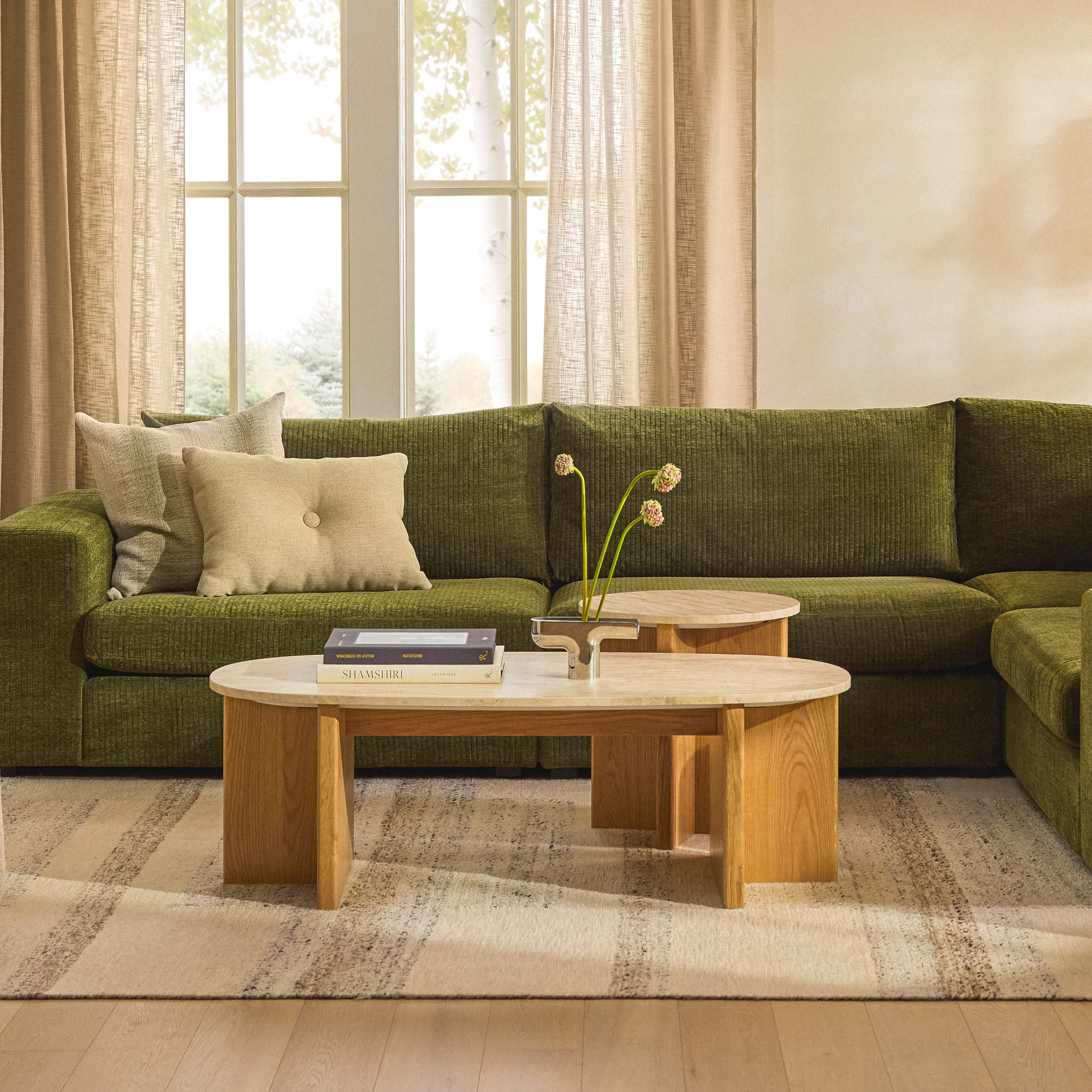 Sporo 47.25" Travertine Coffee Table - Natural Oak