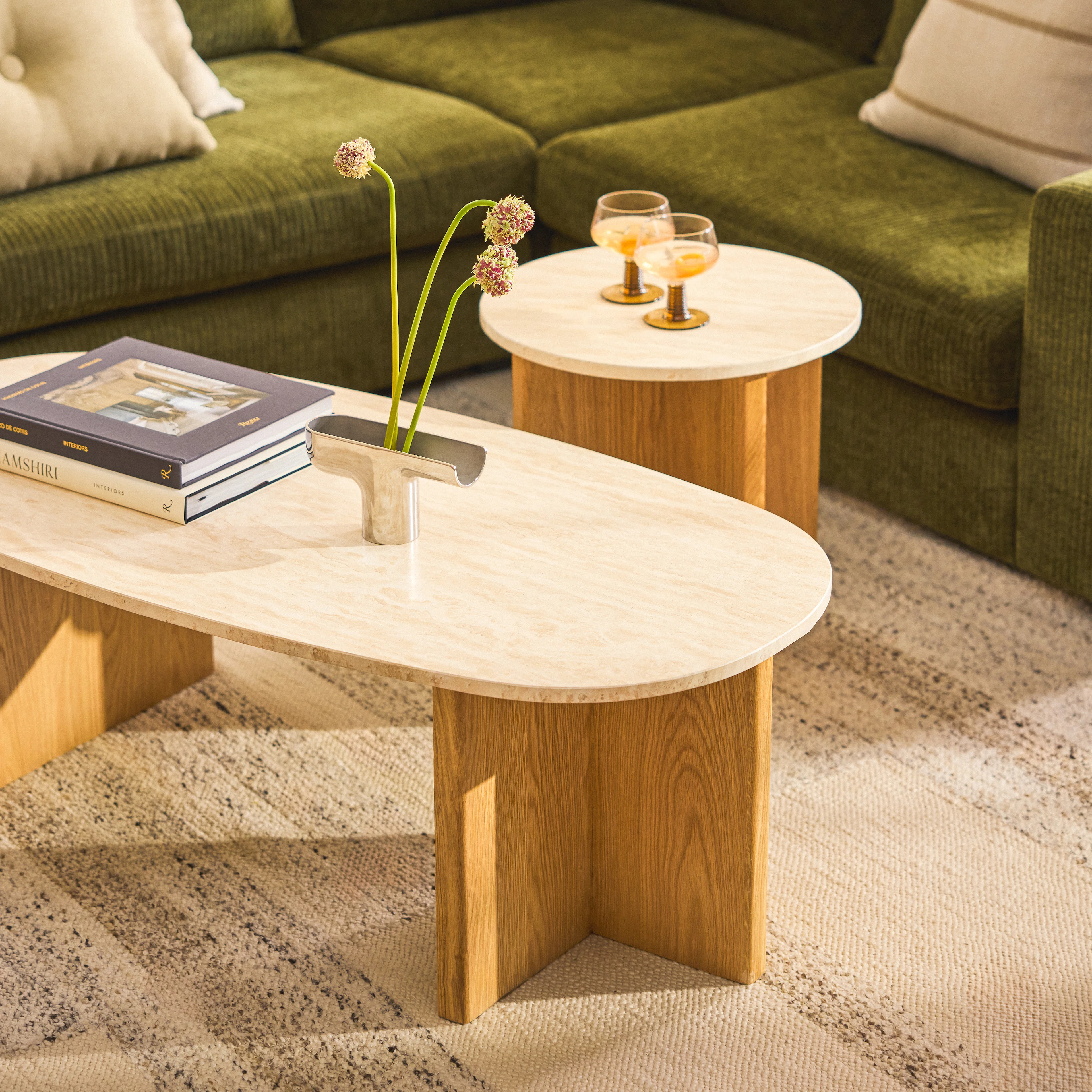 Sporo 47.25" Travertine Coffee Table - Natural Oak