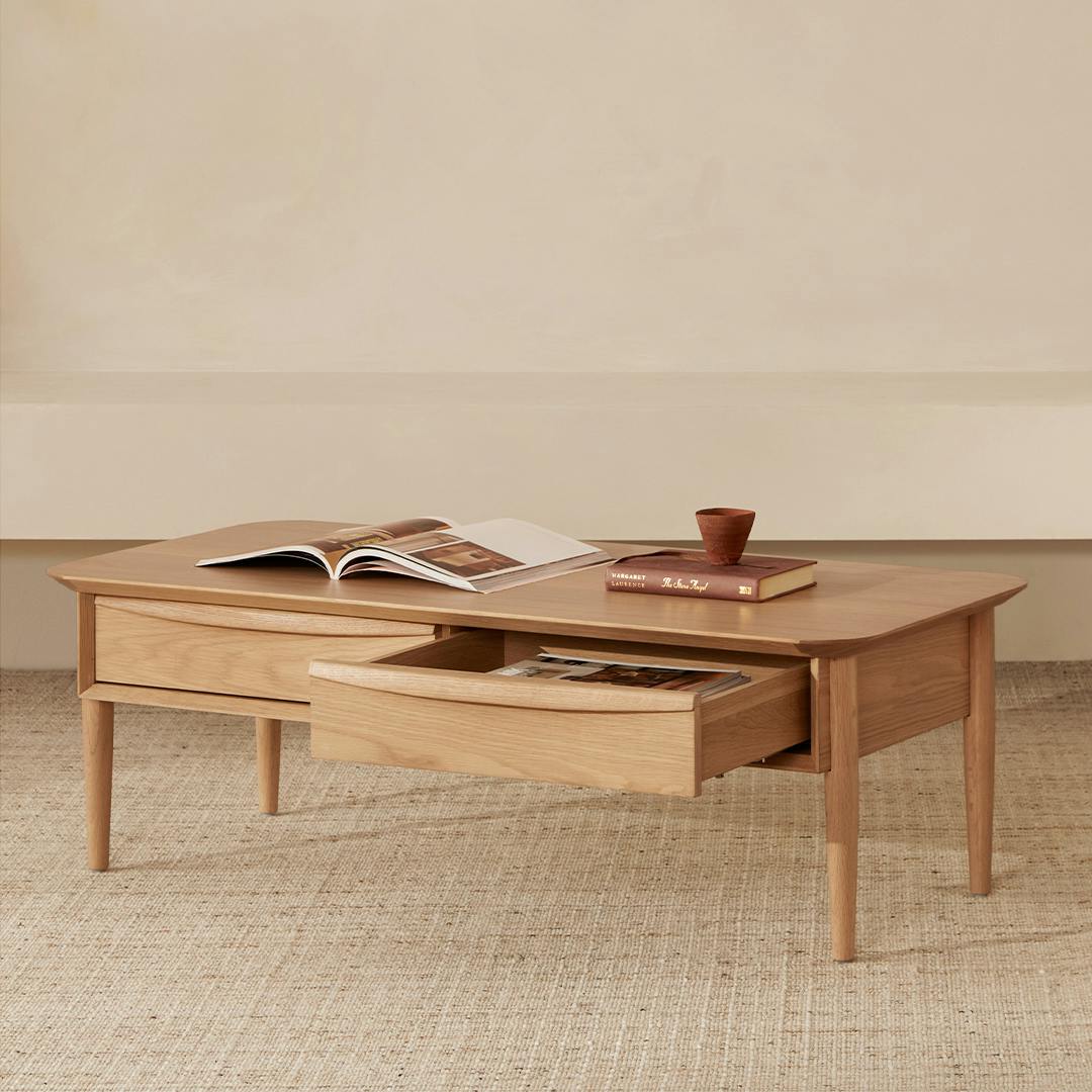 Lenia White Oak Solid Wood Storage Coffee Table with Drawers | Article
