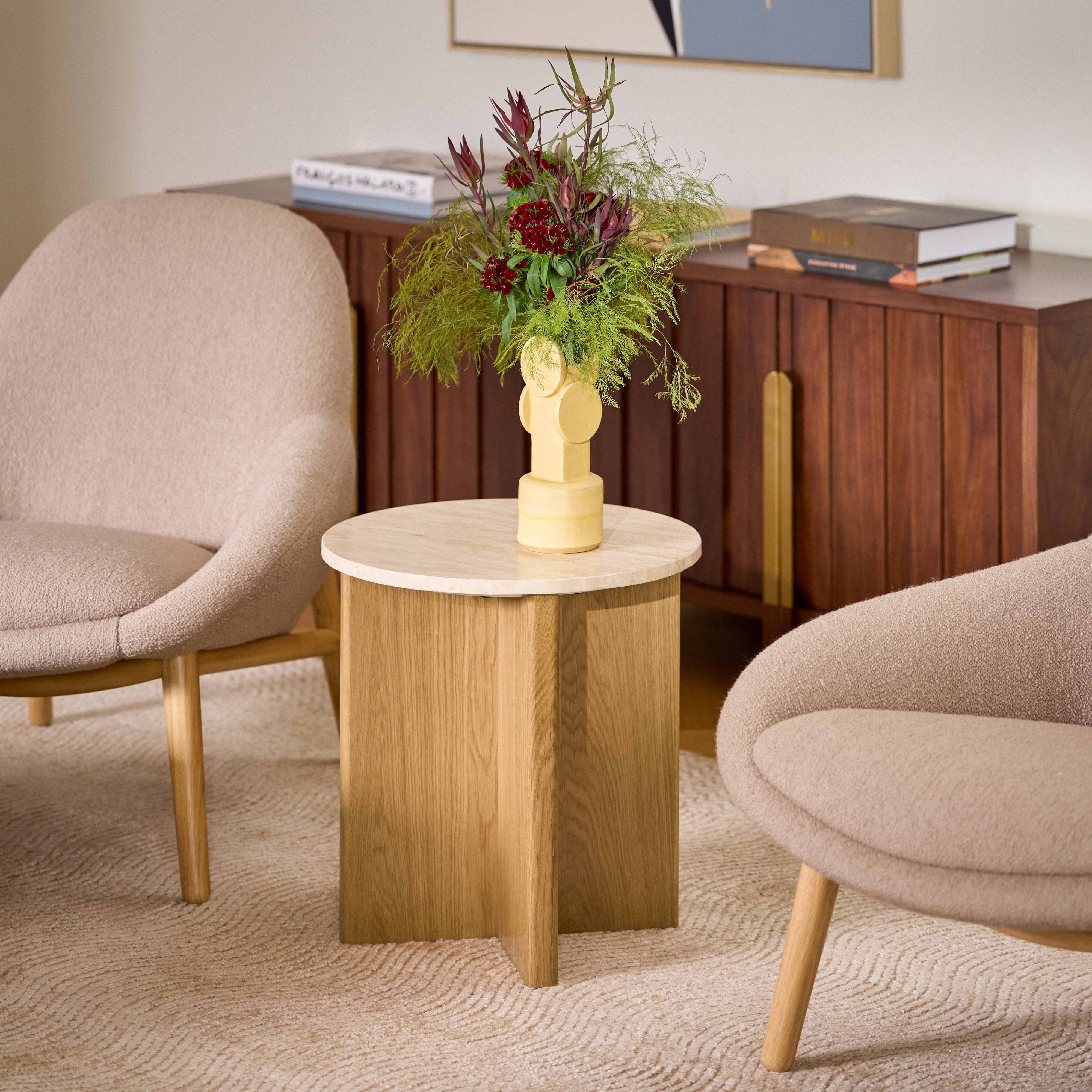Sporo Travertine Stone & Oak Round Side Table | Article