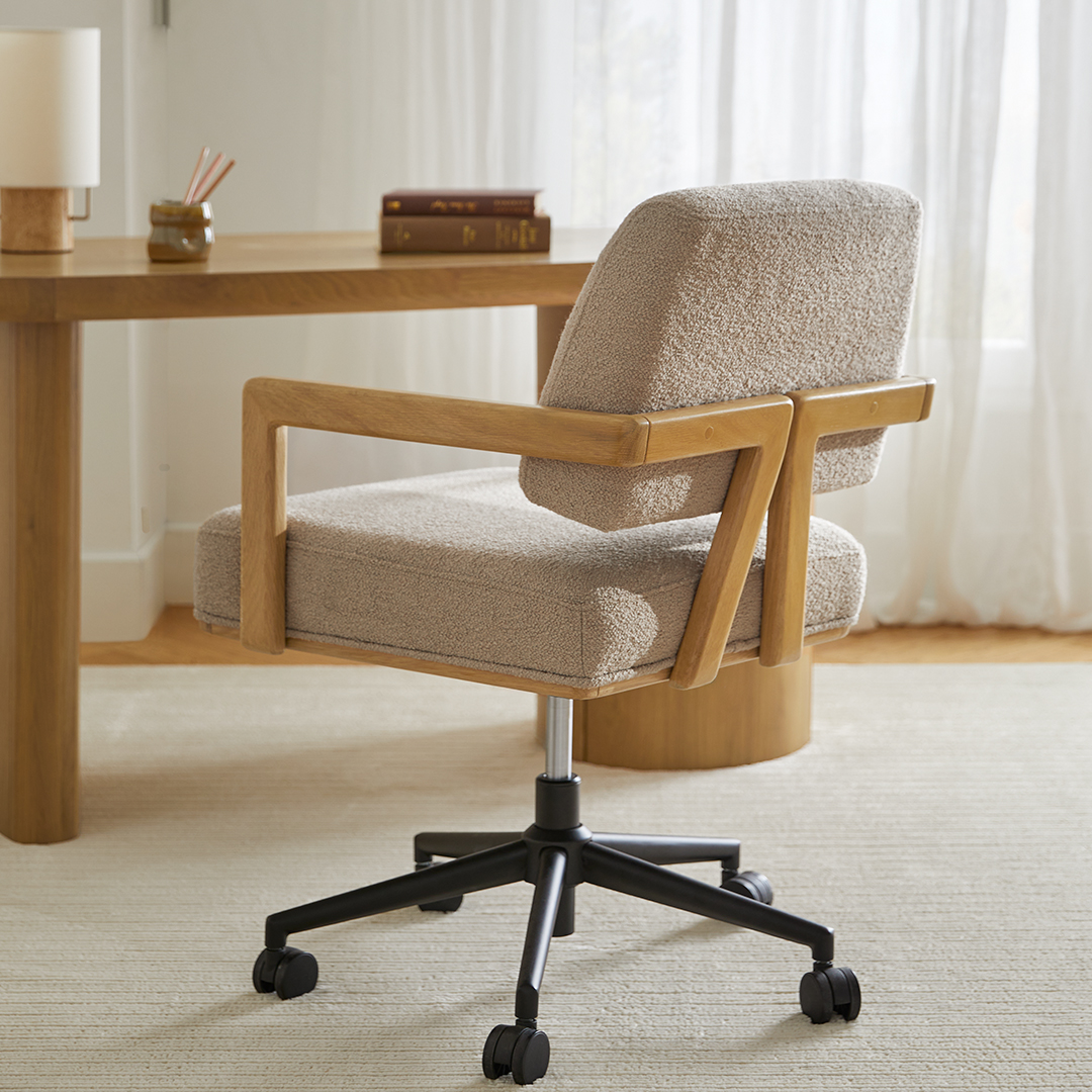 Aquila Sandstone Wool Bouclé & Oak Office Chair w/ Adjustable