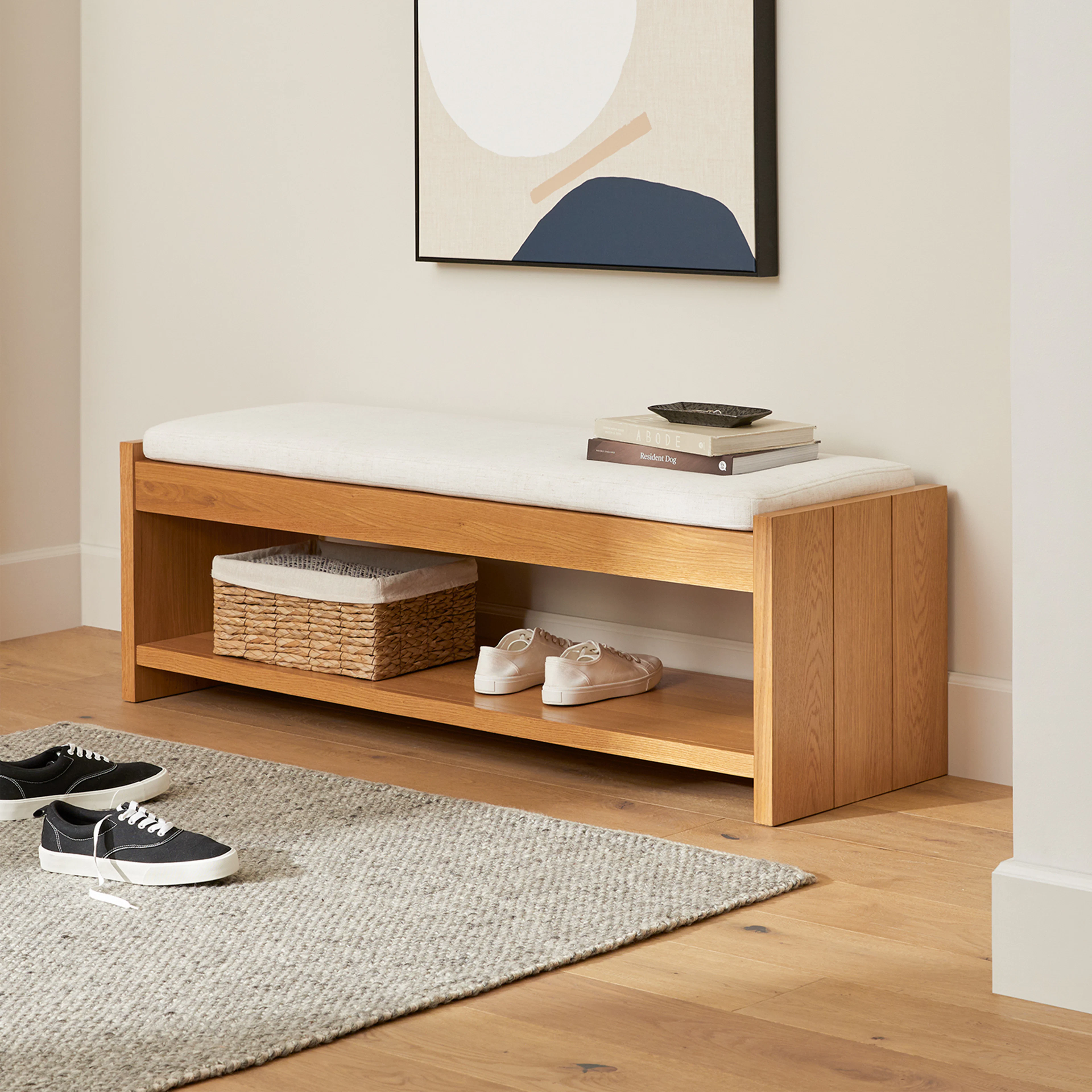 Cassie 56" Oak & Ivory Chenille Bench | Stylish Seating
