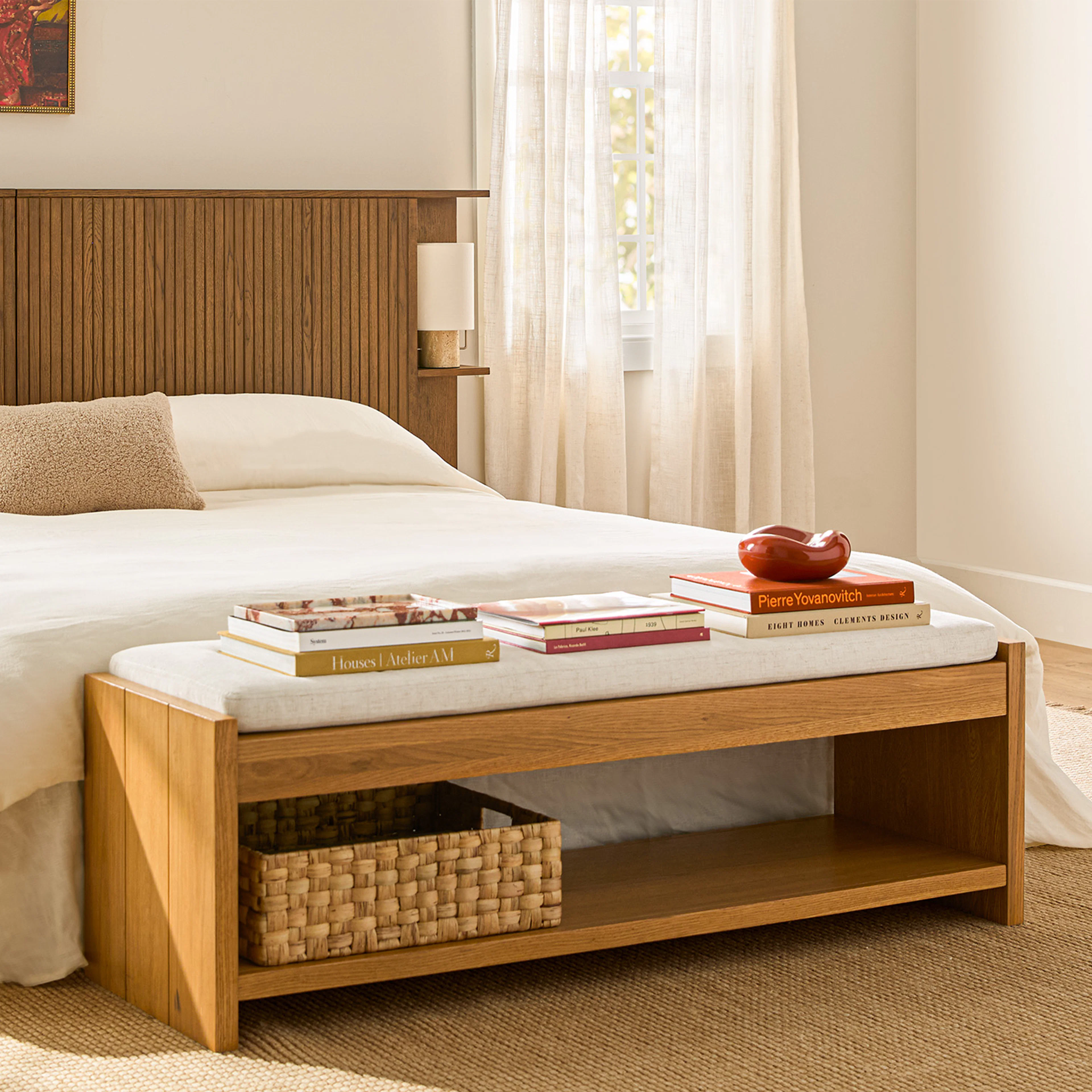 Cassie 56" Oak & Ivory Chenille Bench | Stylish Seating